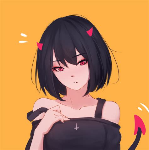 anime demon girl with black hair and red eyes