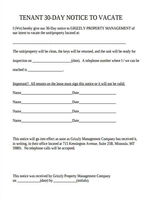 Printable 30 Day Notice To Landlord Template