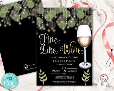 White Wine Birthday Invitation Printable Template, Black White Sparkle ...