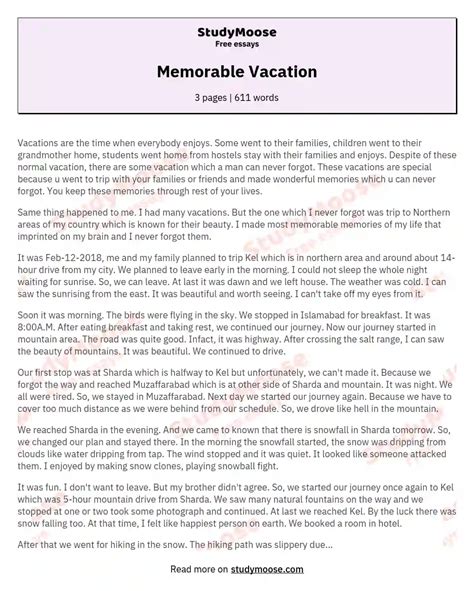 Memorable Vacation Free Essay Example