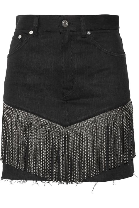 Studded Leather Fringed Denim Mini Skirt Saint Laurent Sale Up To