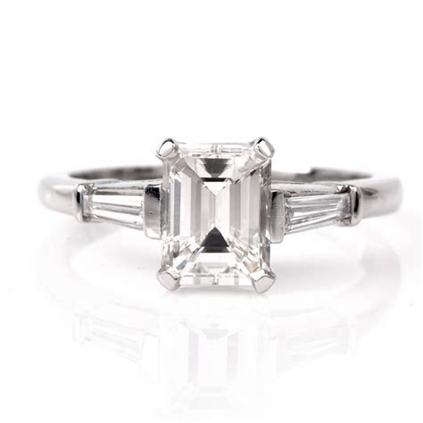 Classic Emerald Cut Diamond Baguette Platinum Engagement Ring For Sale