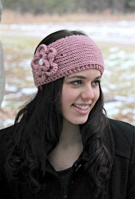 Knit Flower Ear Warmer Button Crochet Flower Headband Pink Winter