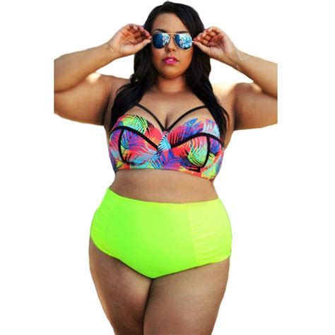 Curvy Girl Tropical Style High Waist Bathing Suit New Bikinis Women Push Up Bikini Set Plus Size