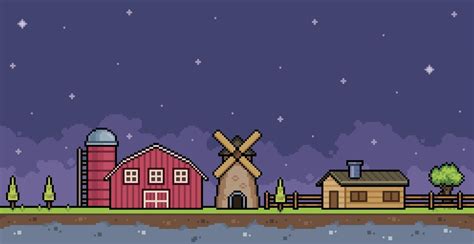 Pixel Art Farm Landscape At Night With House Barn Silo And Mill 8bit