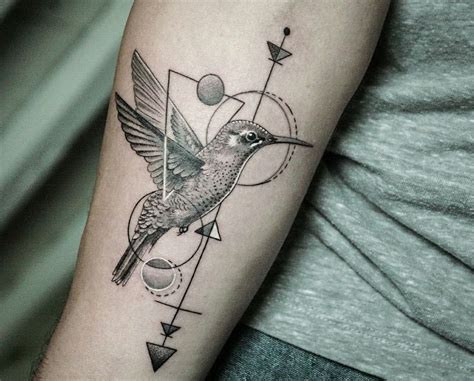 Black And White Hummingbird Tattoo With Geometric Shapes By Rosana At