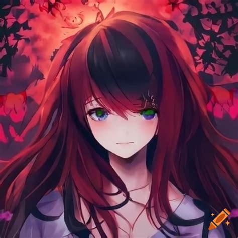 Anime Girl With Black And Red Hair Surrounded By Butterflies