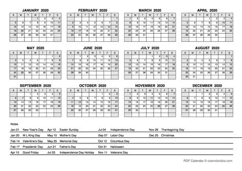 2020 Pdf Yearly Calendar With Holidays Free Printable Templates