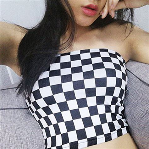 Fashion Checkboard Cropped Bandeau Tops Women Black And White Plaid