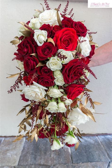Red And White Rose Cascading Bridal Bouquet Cascading Bridal Bouquets