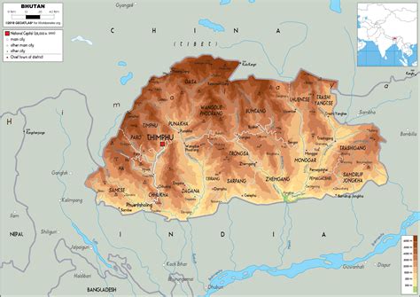 Large Size Physical Map Of Bhutan Worldometer