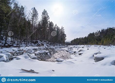 The Frozen Bed Of The Kyngyrga Mountain River In Early Spring Arshan