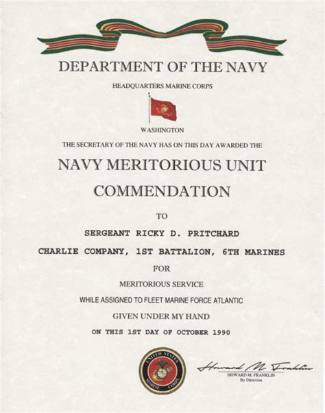 Usmc Maritorious Unit Commendation Certificate