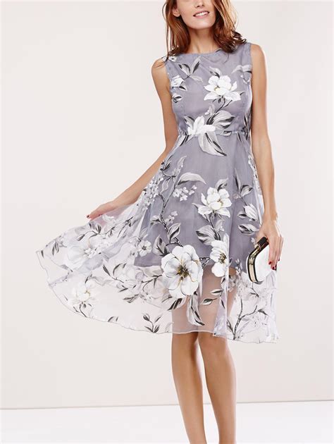 2018 Floral Print Round Neck Sleeveless Spliced Dress In Gray S