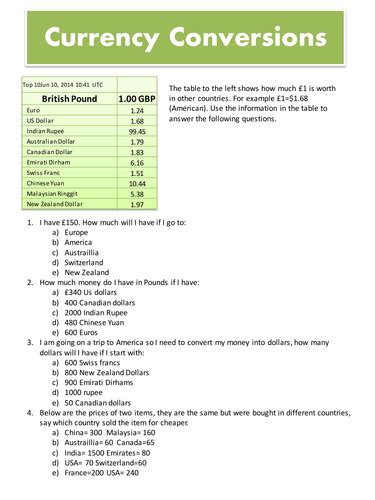 Money Exchange 1 Interactive Worksheet Foreign Currency Worksheet