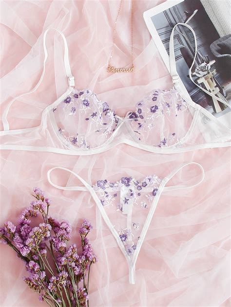 Floral Embroidered Mesh Underwire Lingerie Set Lace Etsy