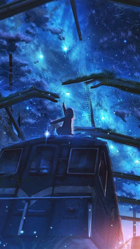 Wallpaper Train Scenic Anime Starry Sky Night Anime Girl