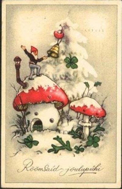 Old christmas tree`s toy, in the form of mushroom. gnome mushroom house | Vintage christmas cards, Christmas ...
