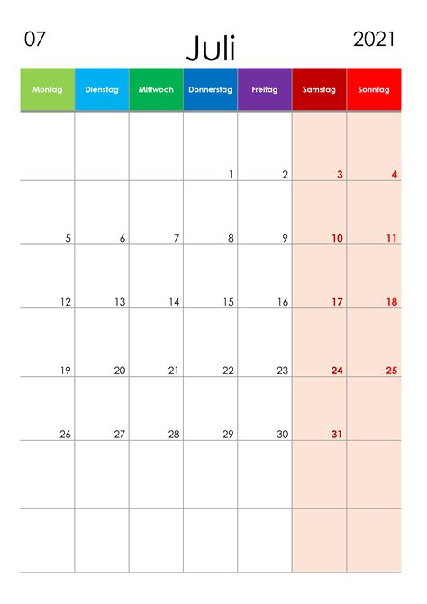 Juli 2021 Kalender Zum Ausdrucken Pdf Excel Word Images