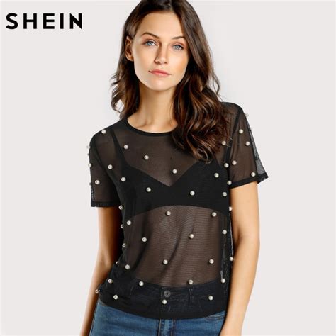Shein Pearl Beading Mesh Top Sexy Womens Tops And Blouses Black Round Neck Short Sleeve Sheer