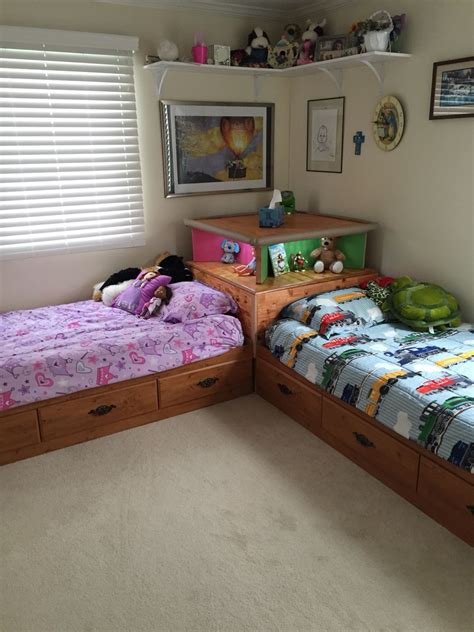 Baby & kids room furniture. Just finished making this corner unit today! Kids love it and a small room fit 2 twin beds with ...