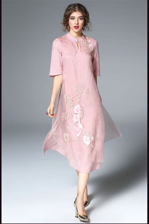 2018 silk organza dresses for spring embroidered sequins jacquard cheongsam dress with sleeves