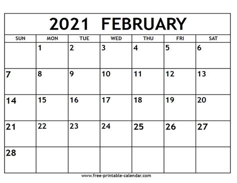 Free Printable 2021 Monthly Calendar February Calendar Template 2021
