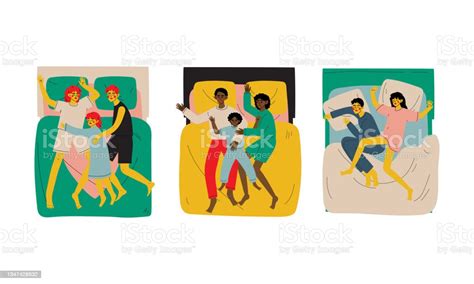 people character sleeping at night lying on double bed on pillow vector illustration set stock