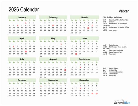Holiday Calendar 2026 For Vatican Sunday Start