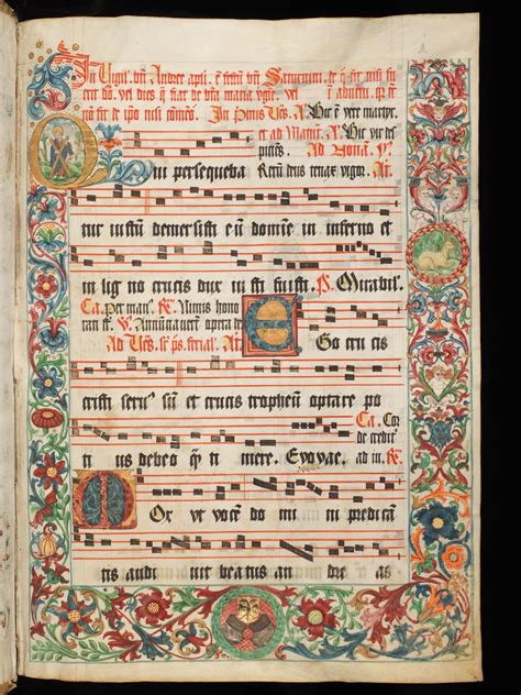 A Richly Decorated Medieval Music Sheet The Border Are Made Of A Large