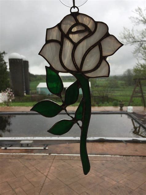 Handmade Stained Glass White Rose Suncatcher Etsy Stained Glass