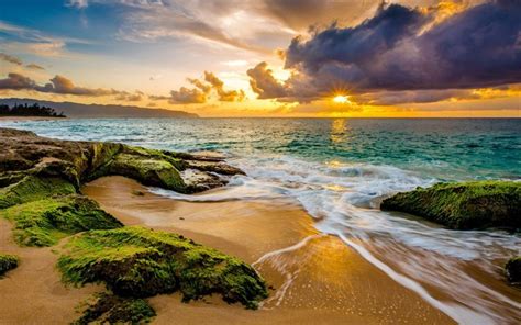 Download Wallpapers Coast Ocean Beach Sunset Hawaii Clouds