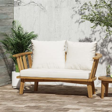 Noble House Solano Teak Brown Wood Outdoor Loveseat With White Cushions