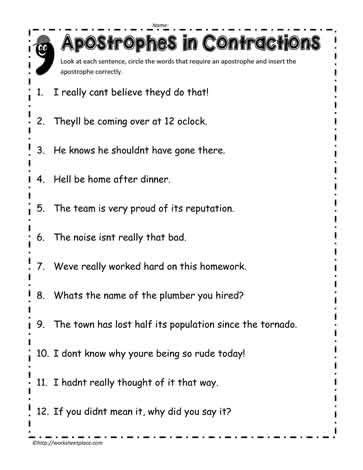 Apostrophes In Contractions Contraction Worksheet Possessive Apostrophe Apostrophes