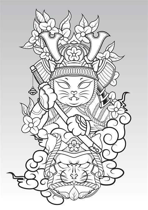 Cat Samurai on colud and Sakura blossom., Japanese Tattoo style