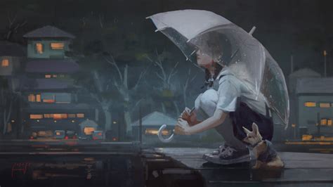 Download 1920x1080 Anime Girl Transparent Umbrella Raining Puppy