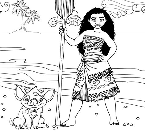 ⭐ free printable moana coloring book. Moana - The Moana princess on the beach with Pua pig