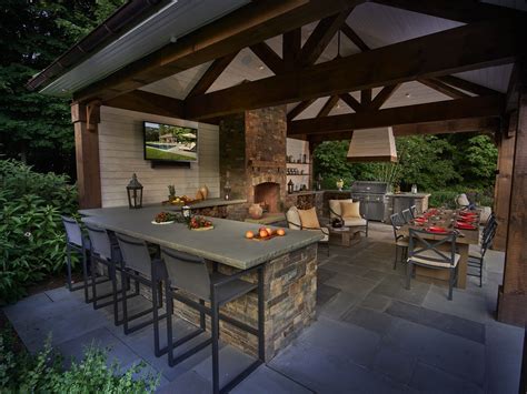 Outdoor Bar And Fireplace Living Space Outdoor Kitchen Design