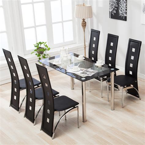 Mecor Dining Table Set With 6 Leather Chairs Kitchen Furniture Black 7 Piece Glass
