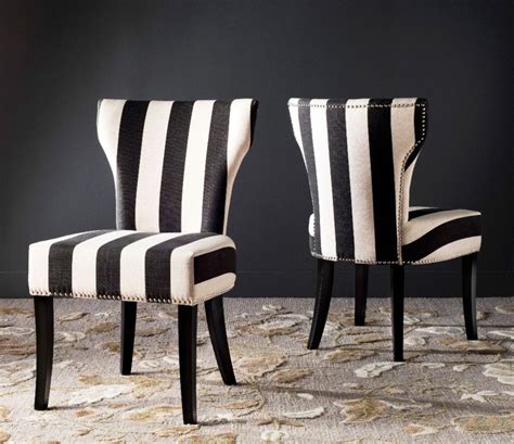 Set Of 2 Solid Back Matty Black White Striped Accent Dining Chairs