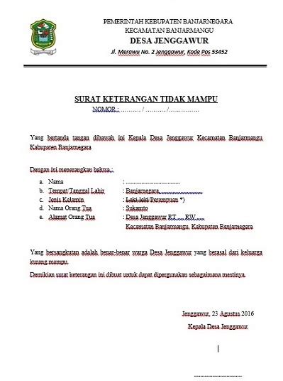 Surat Keterangan Miskin Contoh Surat