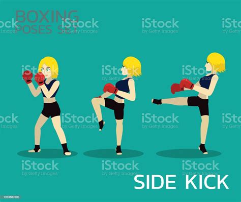 Side Kick Manga Boxing Poses Set Woman Cartoon Vector Illustration
