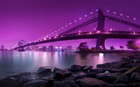 New York Manhэtten Hanging Bridge Lighting Desktop Wallpaper Hd