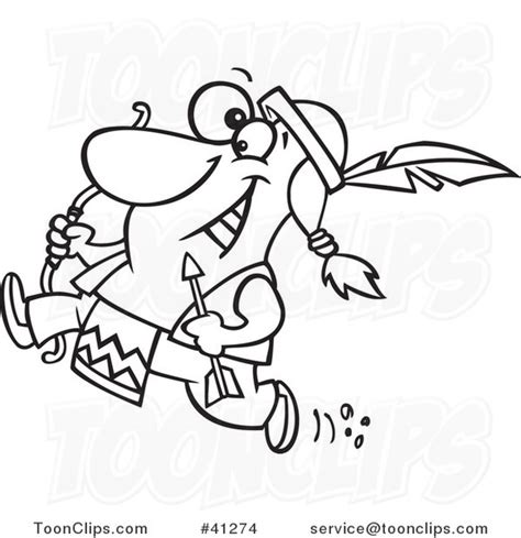 Cartoon Outlined Native American Indian Archer Warrior Brave Running