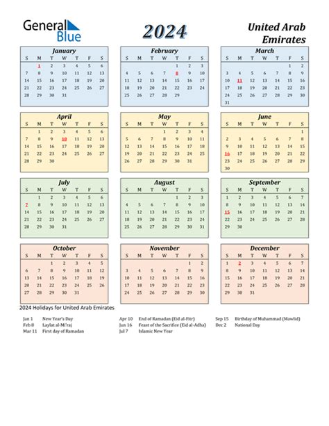 2024 United Arab Emirates Calendar With Holidays