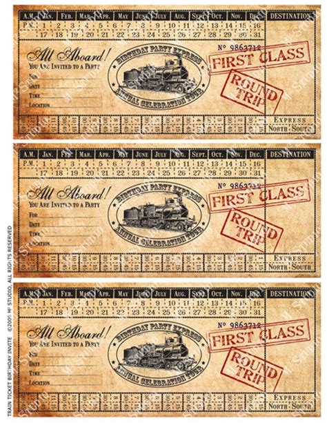 Instant Download Printable Vintage Train Ticket Birthday Invitation