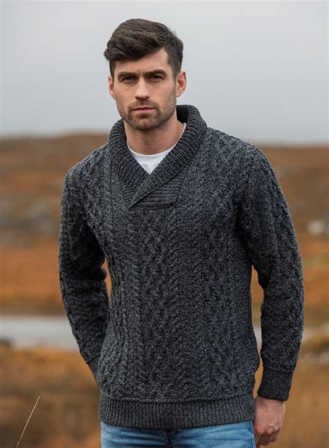 Mens Aran Stitch Shawl Collar Irish Wool Sweater Made In Ireland