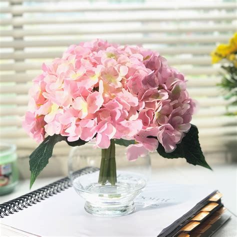 Enova Home 10 Stem Silk Hydrangea Flower In Round Clear Glass Vase With Faux Water