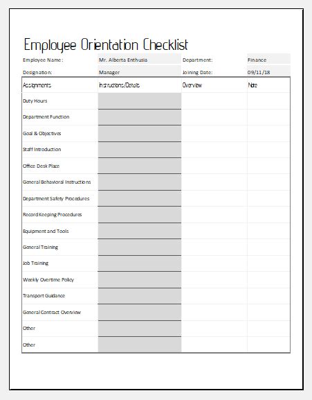 New Hire Orientation Checklist Template Excel Templates
