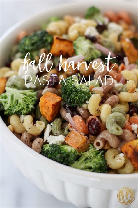 Festive layered pasta salad, ingredients: Fall Harvest Pasta Salad | inspiredbycharm.com | Fall pasta, Best pasta salad, Autumn salad